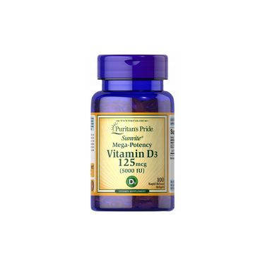Puritan's Pride Vitamin D3 125 mcg (5000 IU) comes in a bottle of 100 rapid release softgels to support strong bones and immune health.
